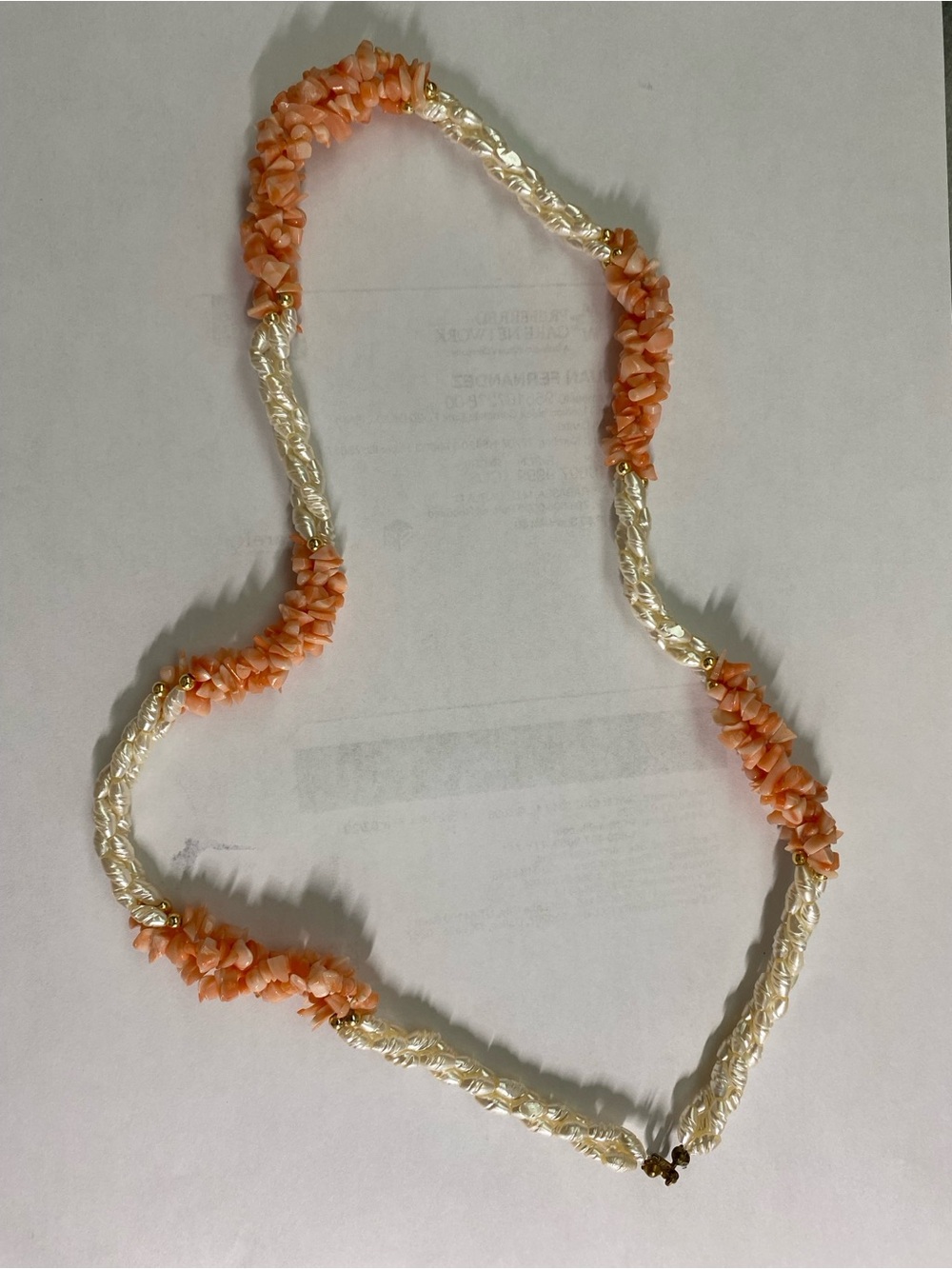 Salmon/Coral Chip & Faux Pearl Twist Necklace